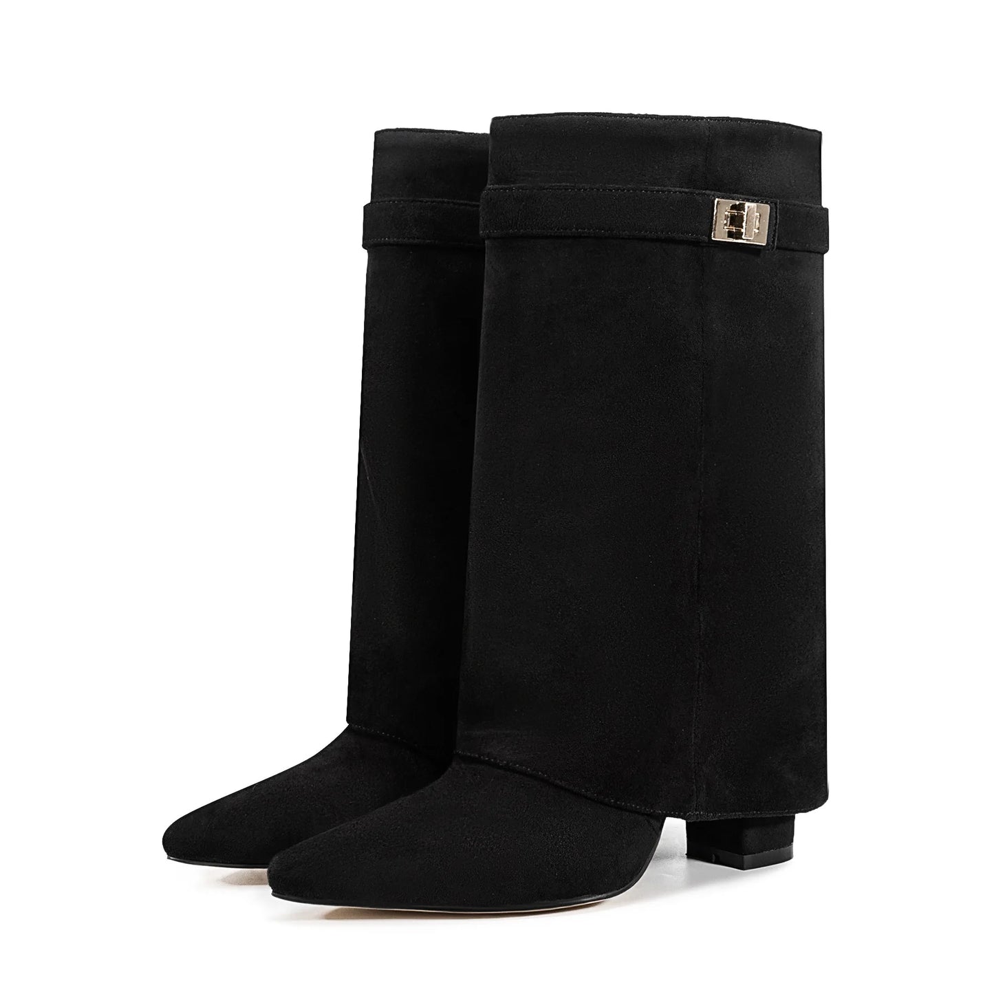 Autumn and Winter New Pointed Metal Buckle Knee High Women's Boots, Thick High-heeled Pants Boots, Fashionable Mid Leg Boots