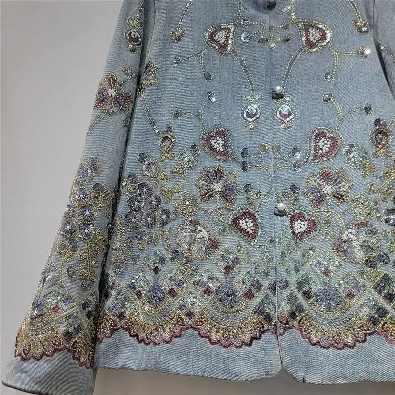 DEAT Women's Denim Coat Luxury Colorful Sequins O-neck Embroidery Single Breasted Jackets 2026 Autumn New Fashion 29A8728