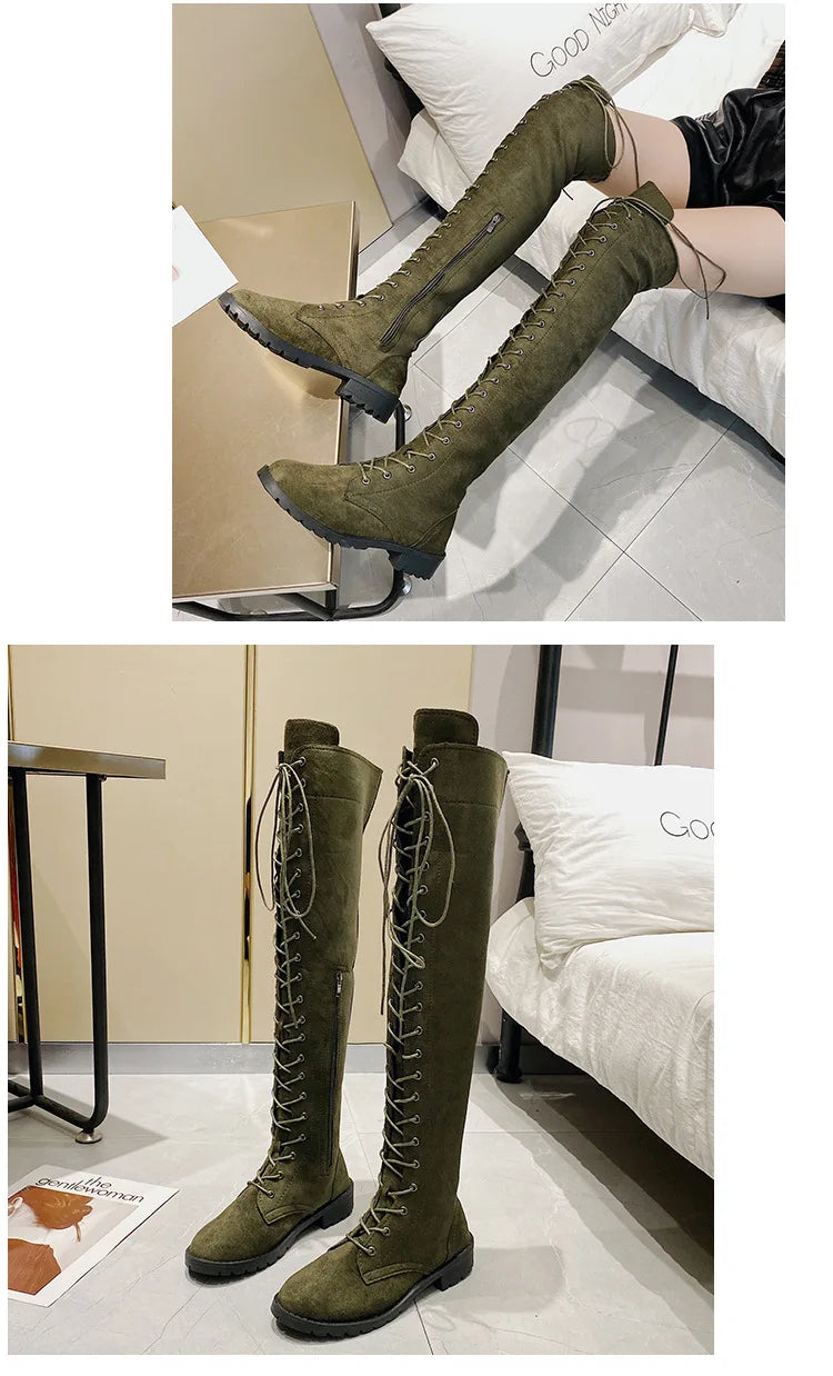 Side Zipper Lace-up Women's Long Botas Brown Black Suede Mid Heel Over-the-Knee Boots for Women Ladies Thigh High Boots Size 43
