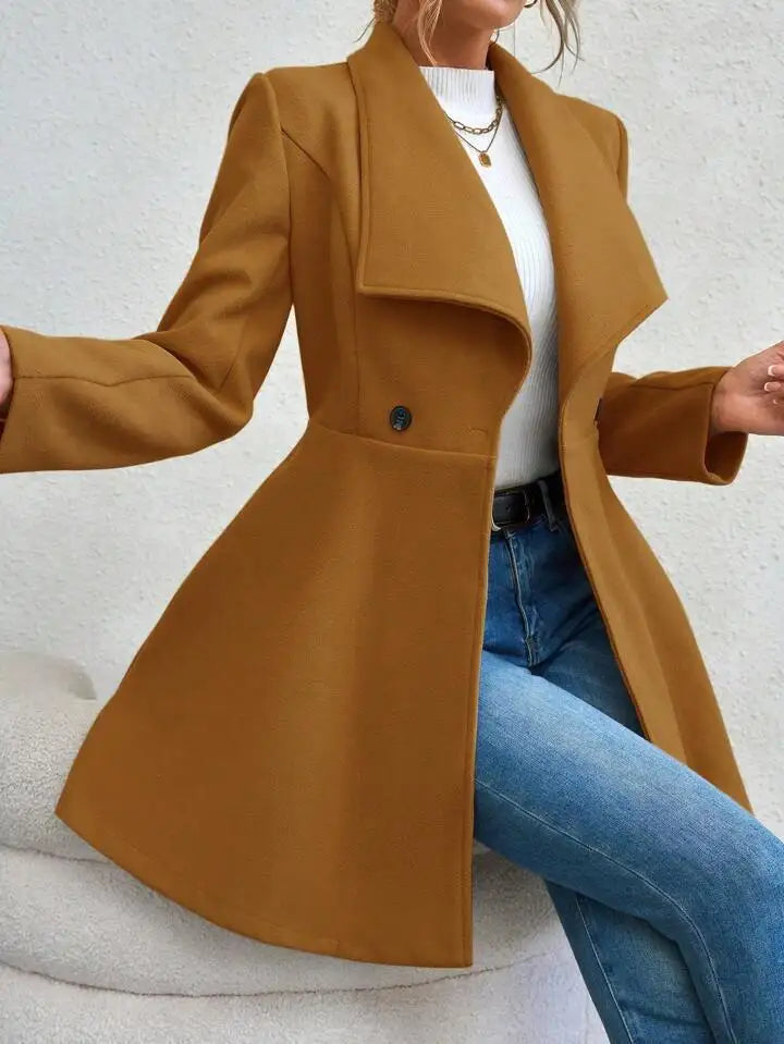 Autumn Winter Women Coat Fashion Solid Color Lapel Collar Single-breasted Slim Fit Female Woolen Coat Mid Length Lady Overcoat