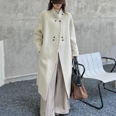 Ladies' 100% wool coat, high-end slimming stand up collar, double breasted loose long woolen coat, autumn and winter bestseller