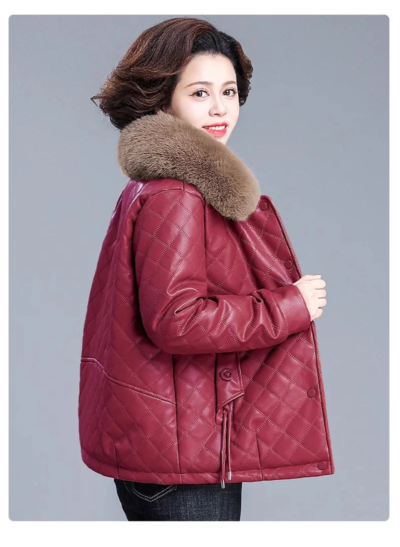 High End Middle Aged Women's Leather Jacket Winter New Thicken Warm Big Fur Collar Faux PU Leather Coat Female Outerwear 5XL