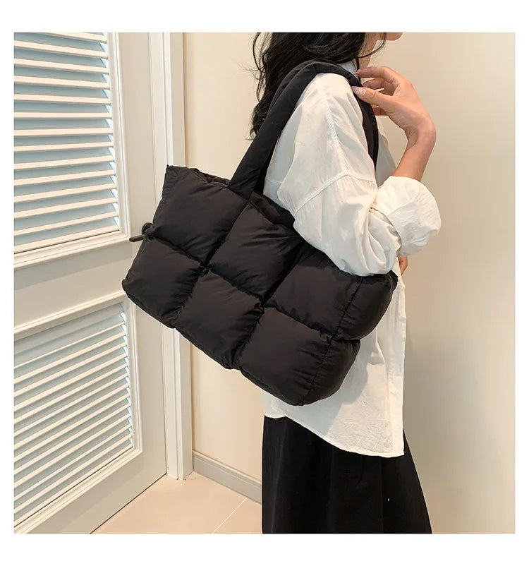 Women Tote Handbags Quilted Plaid Bag Retro Trendy Checkered Waterproof Shoulder Bag Solid Color Winter Soft Large Capacity Bags