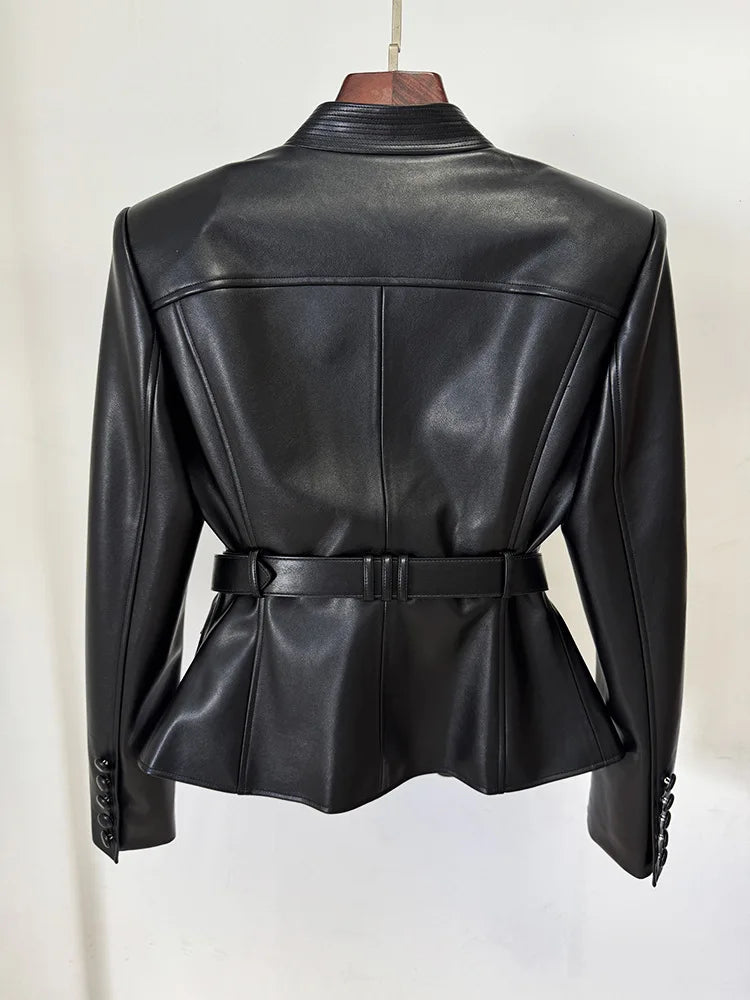 2026 new luxury and fashionable women's clothing belt slim fit leather jacket with multiple pockets motorcycle fashion jacket