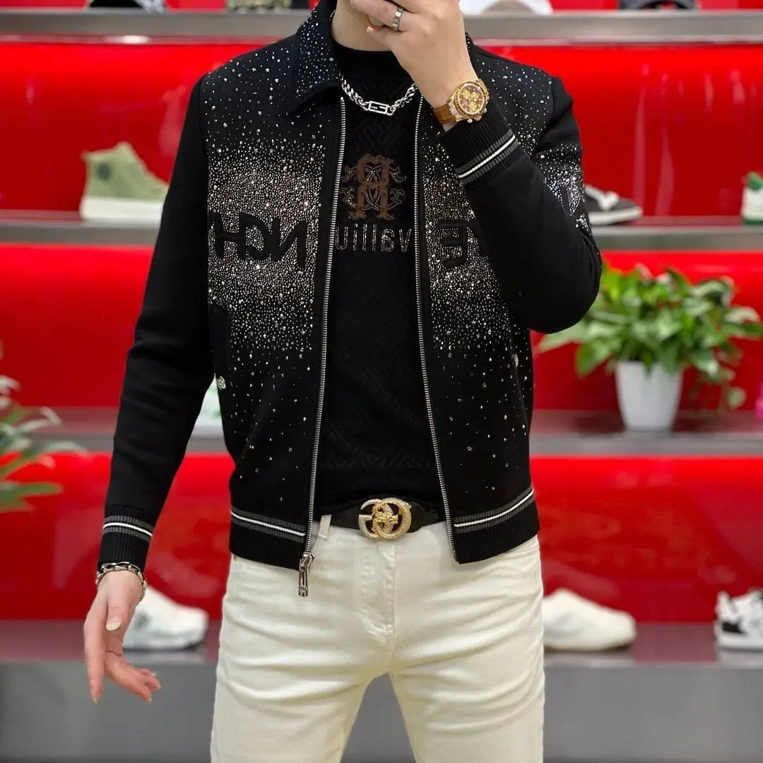 Men's Black Rhinestone Denim Jacket Luxury Sparkly Zip Up Slim Fit Casual Streetwear Coat