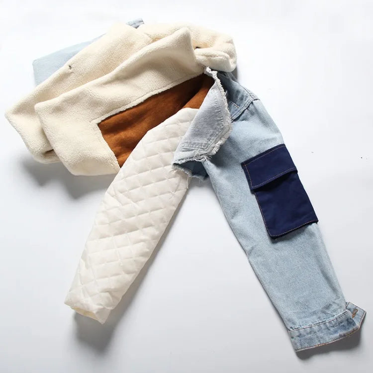 Women Padded Jacket Denim Splicing Jacket Winter New Lamb's Wool Liner Thickened Short Section Biker Jacket Cotton Jacket 2024