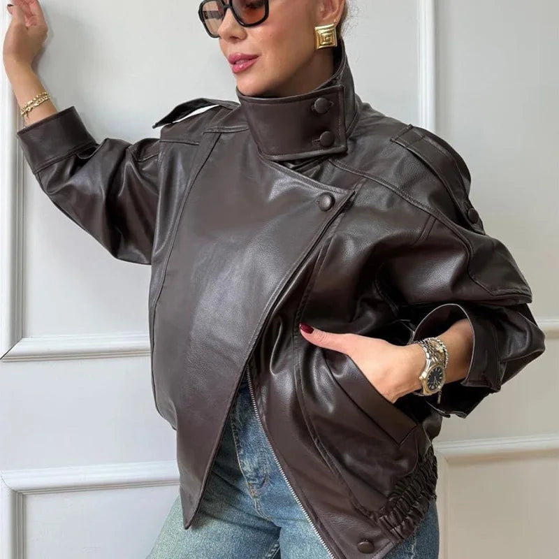 HXAO Women's Faux Leather Jacket Short Coat Black Bomber Jackets For Woman Loose Winter Outerwear High Neck Aviator Jackets