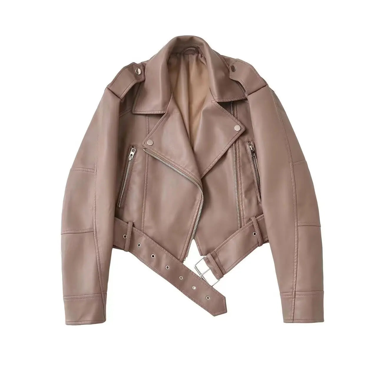 Women Autumn Winter Loose Gray PU Faux Leather Short Jackets Belt Female High Street Zipper Retro Moto Biker Coats Outwear XS-XL
