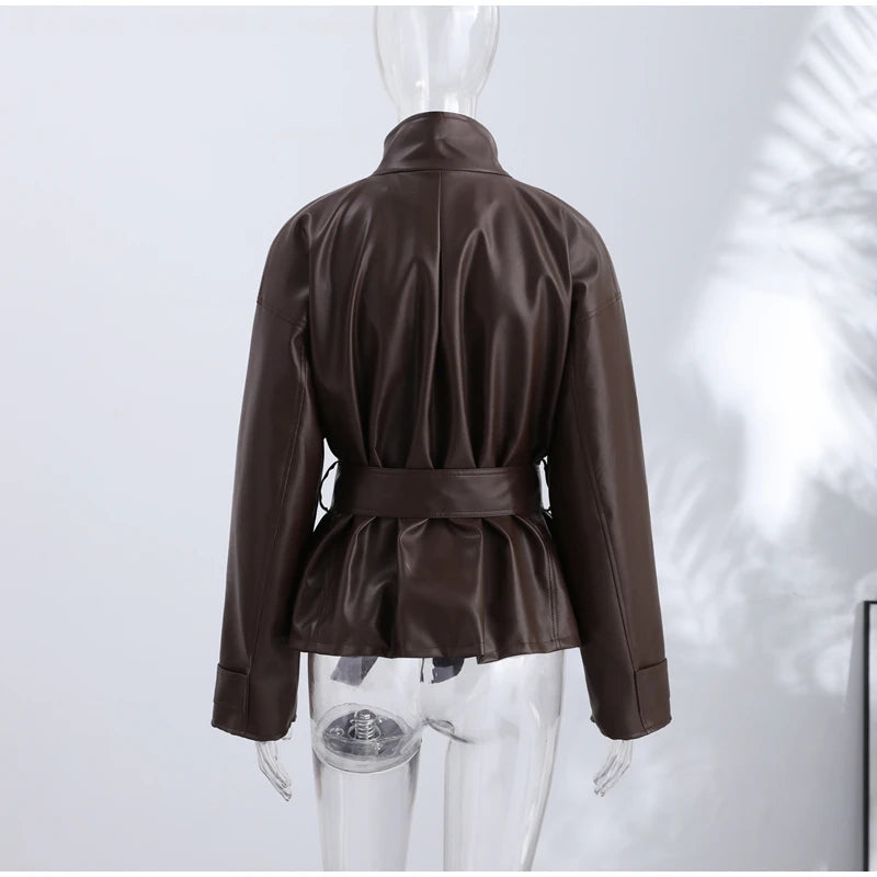 Belted Waist Stand Collar Women PU Jacket Drop Shoulder Long Sleeve Cuff Button Short Cropped Loose Faux Leather Jacket Commute