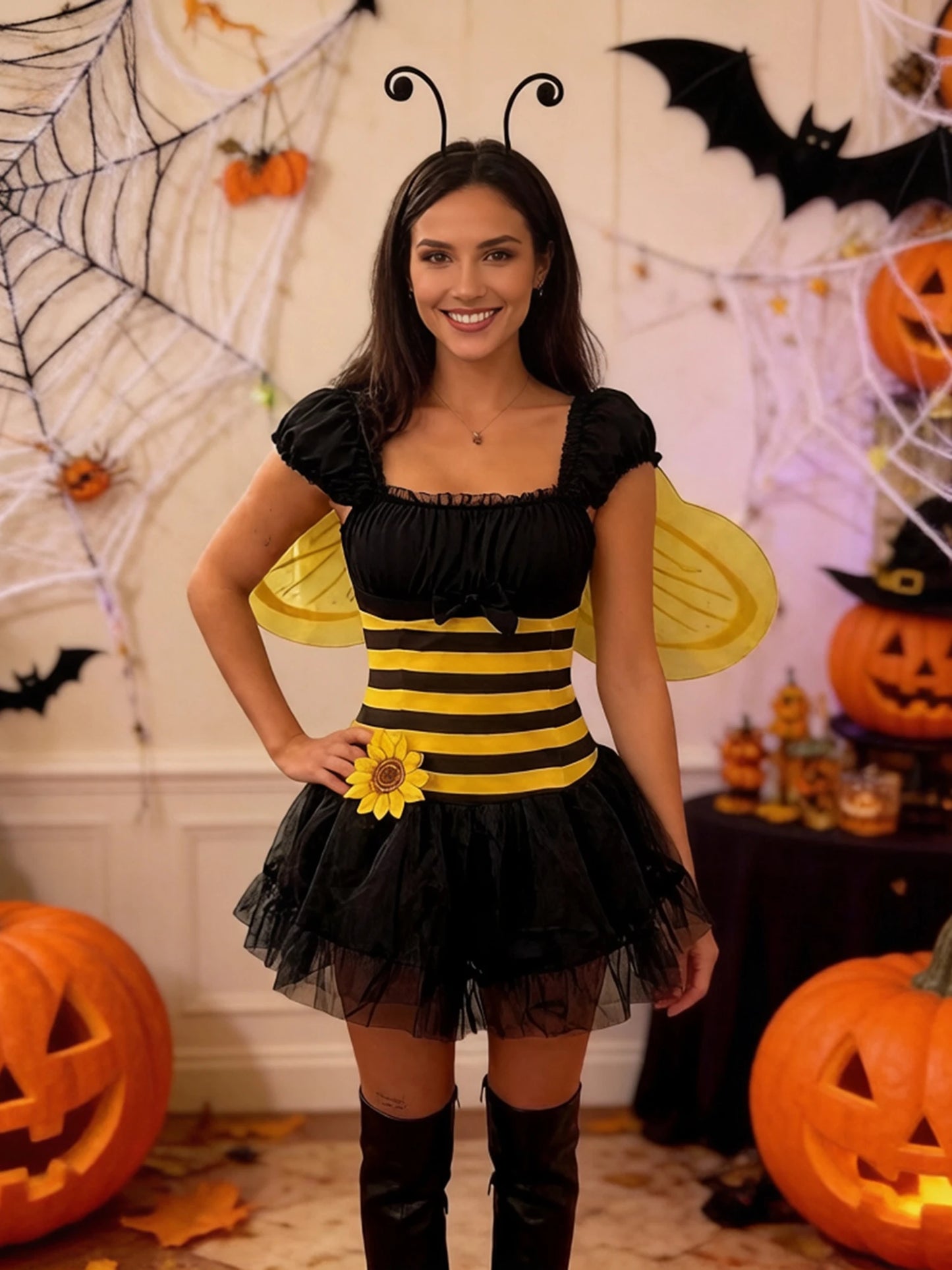 Women Bubble Bee Costume Striped Mini Tulle Dress Wings and Antenna Headband Set of 3 for Halloween Cosplay Party
