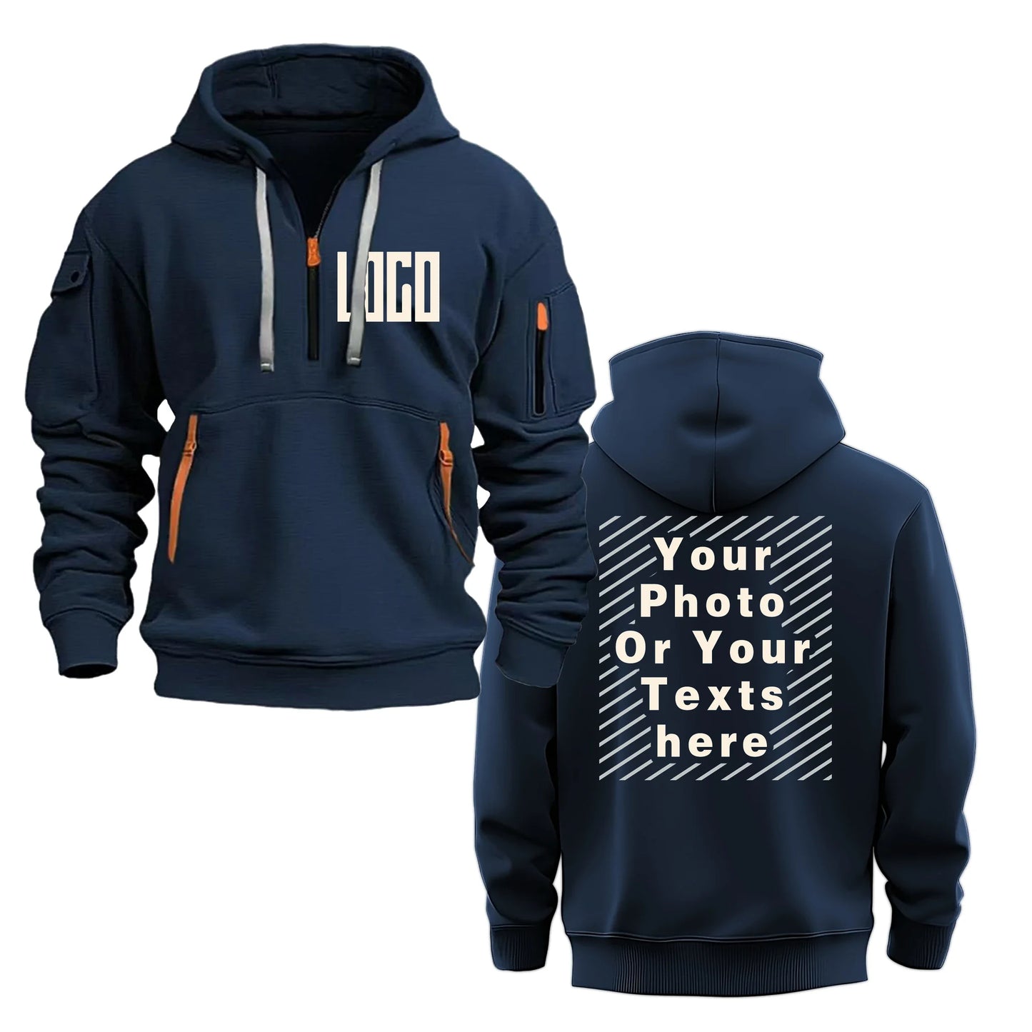 Men's and Women's Custom Printed Hoodies, Loose Casual Sportswear, Zippered Long-sleeved Hoodies with Pockets on the Sleeves