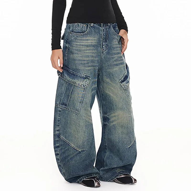 Fashionable Casual Multi Pocket Curved Jeans Men'S And Women'S Micro Flared Wide Leg Pants Straight Leg Workwear Pants