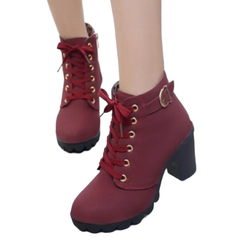 Boots Women Shoes Women Fashion High Heel Lace Up Ankle Boots Ladies Buckle Platform Artificial Leather Shoes Bota Feminina 2024