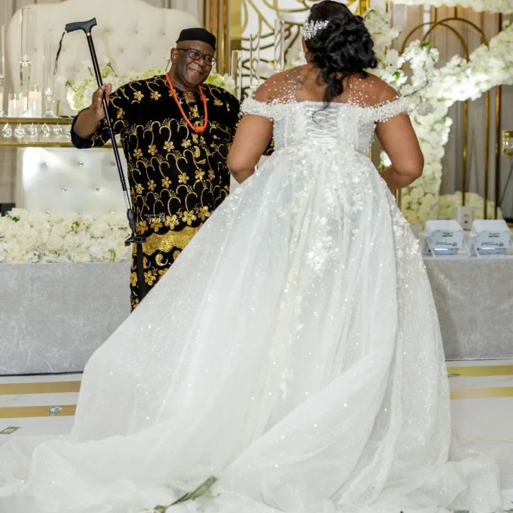 African Sheer Neck Wedding Dresses Beads Sequins Appliques Plus Size Women Bridal Gowns Elegant Vestido De Novia customized