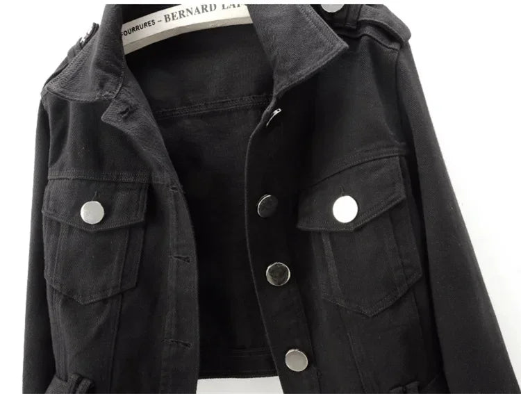 Spring Vintage Army Green Black Khaki Denim Jacket Women Hem Belt Big Pocket Cowboy Outerwear Loose Short Jeans Jackets Female