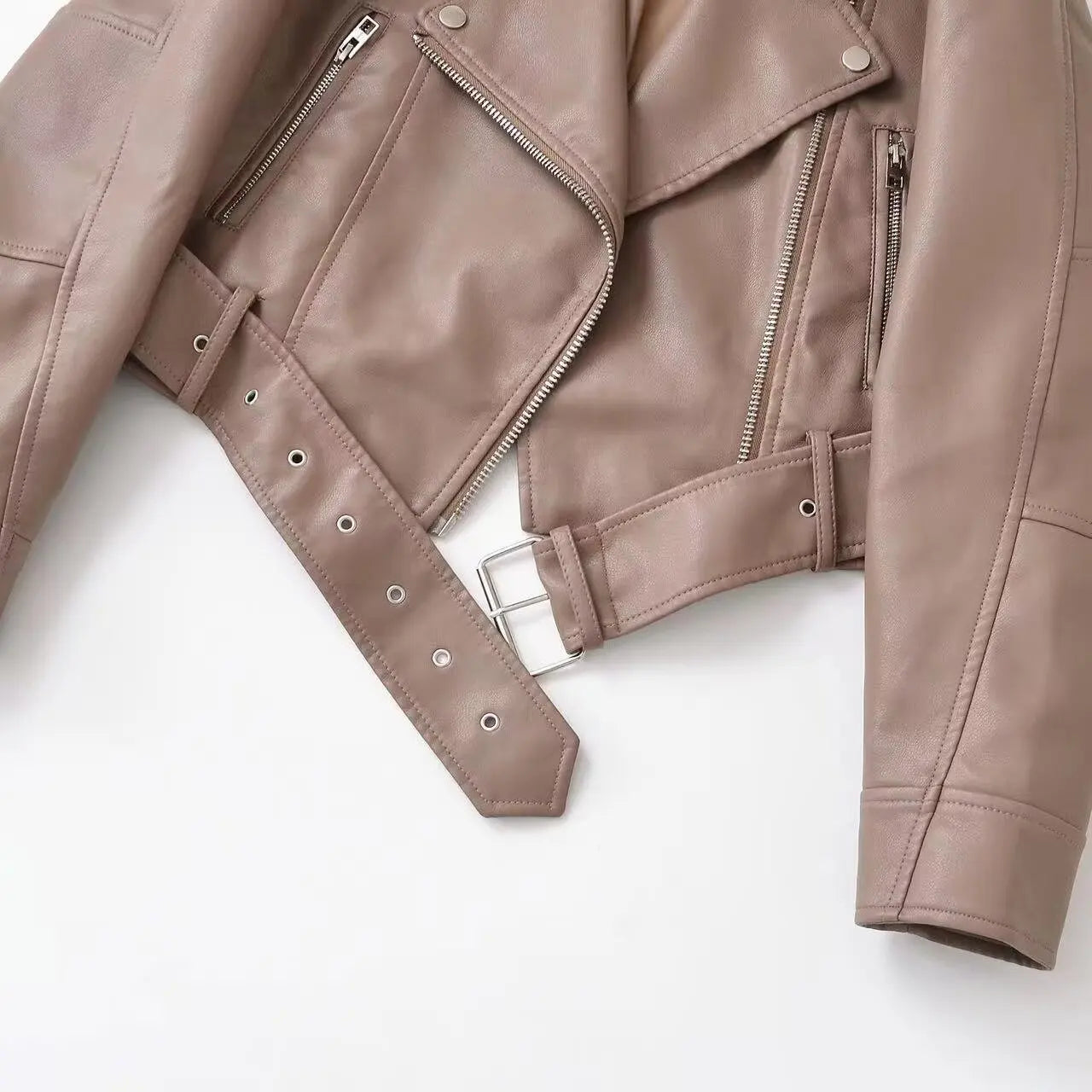 Women Autumn Winter Loose Gray PU Faux Leather Short Jackets Belt Female High Street Zipper Retro Moto Biker Coats Outwear XS-XL