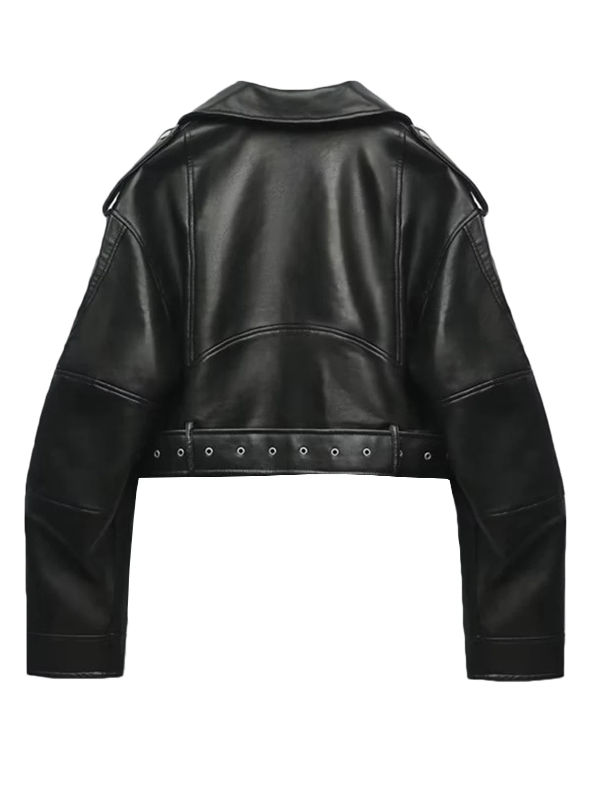 Women Autumn Winter Loose Gray PU Faux Leather Short Jackets Belt Female High Street Zipper Retro Moto Biker Coats Outwear XS-XL