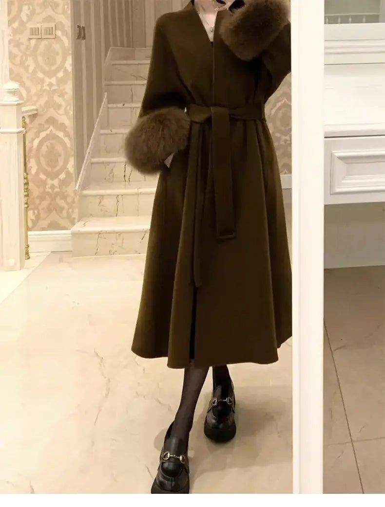Women Autumn Winter Woolen Coat 2025 New High-End French Style Fur Sleeves Mid-Length Woolen Coat Women Long Coat Loose Outwear