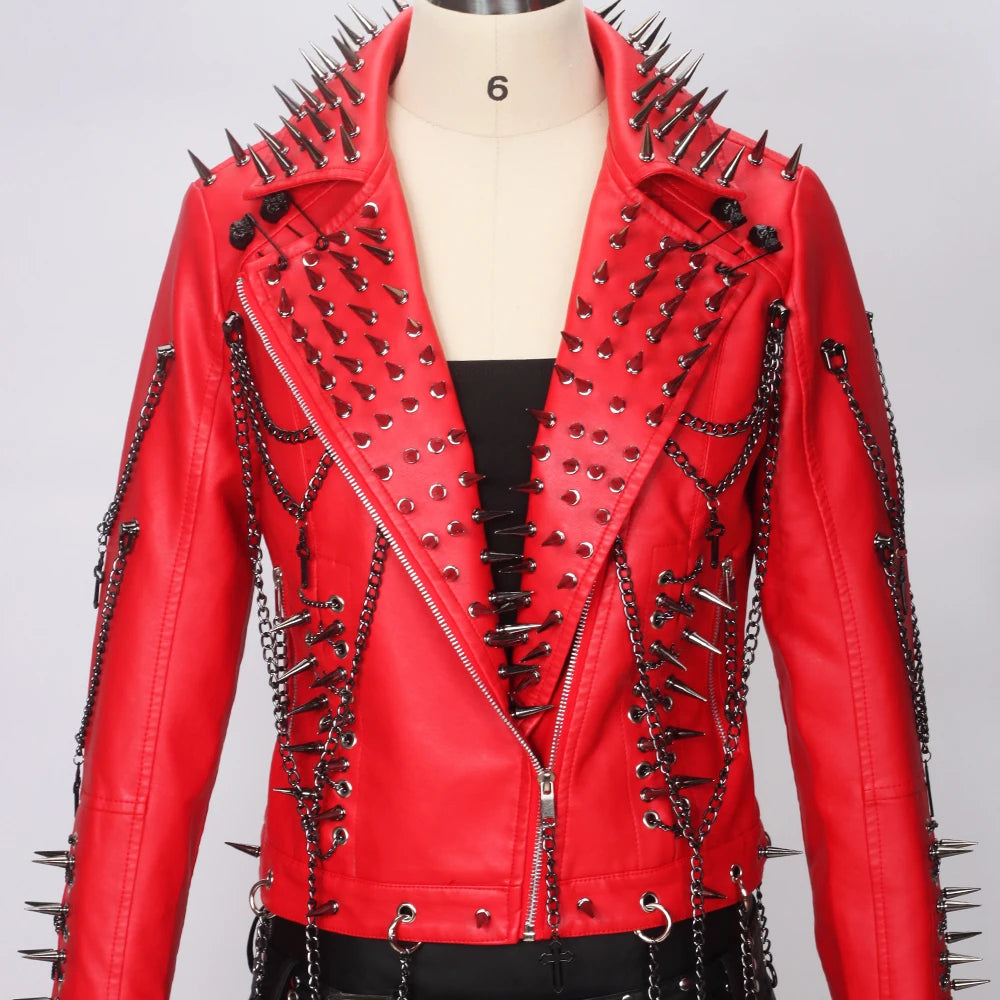 Women's Red PU Leather Gothic Punk Biker Jacket with Spikes Vintage Studded Y2K Rocker Grunge Spiked Coat Emo Alt Goth Clothing