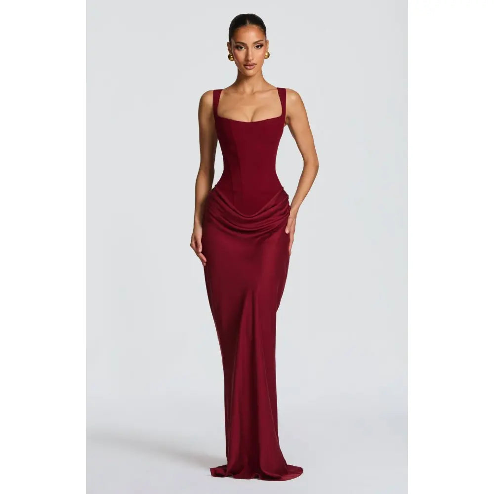 Ladies' formal square neck sleeveless waist cinching design with pleated fish tail long skirt for dinner party slimming dress