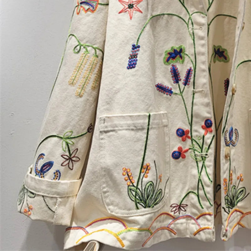 DEAT Women's Denim Coat Turn-down Collar Flower Embroidery Design Pocket Single Breasted Jackets 2026 Spring New 29A6164