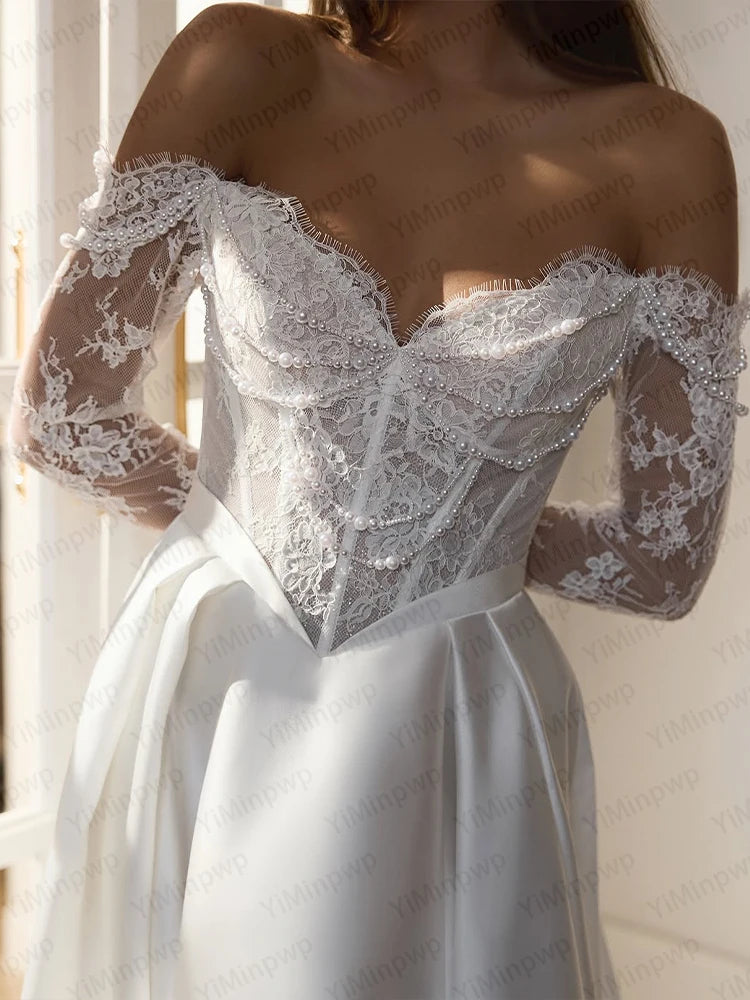 Elegant Satin Wedding Dresses Off Shoulder Long Sleeve A Line Bride Dress Long Train Beaded Lace Church Bridal Gown Customized