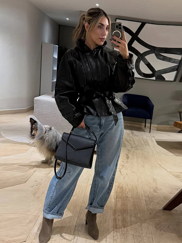 Black Belt Women's Leather Jacket Lapel Full Sleeve Zip-up Lace Up Waist Cinching Cropped Coats 2026 Autumn Street Lady Jackets