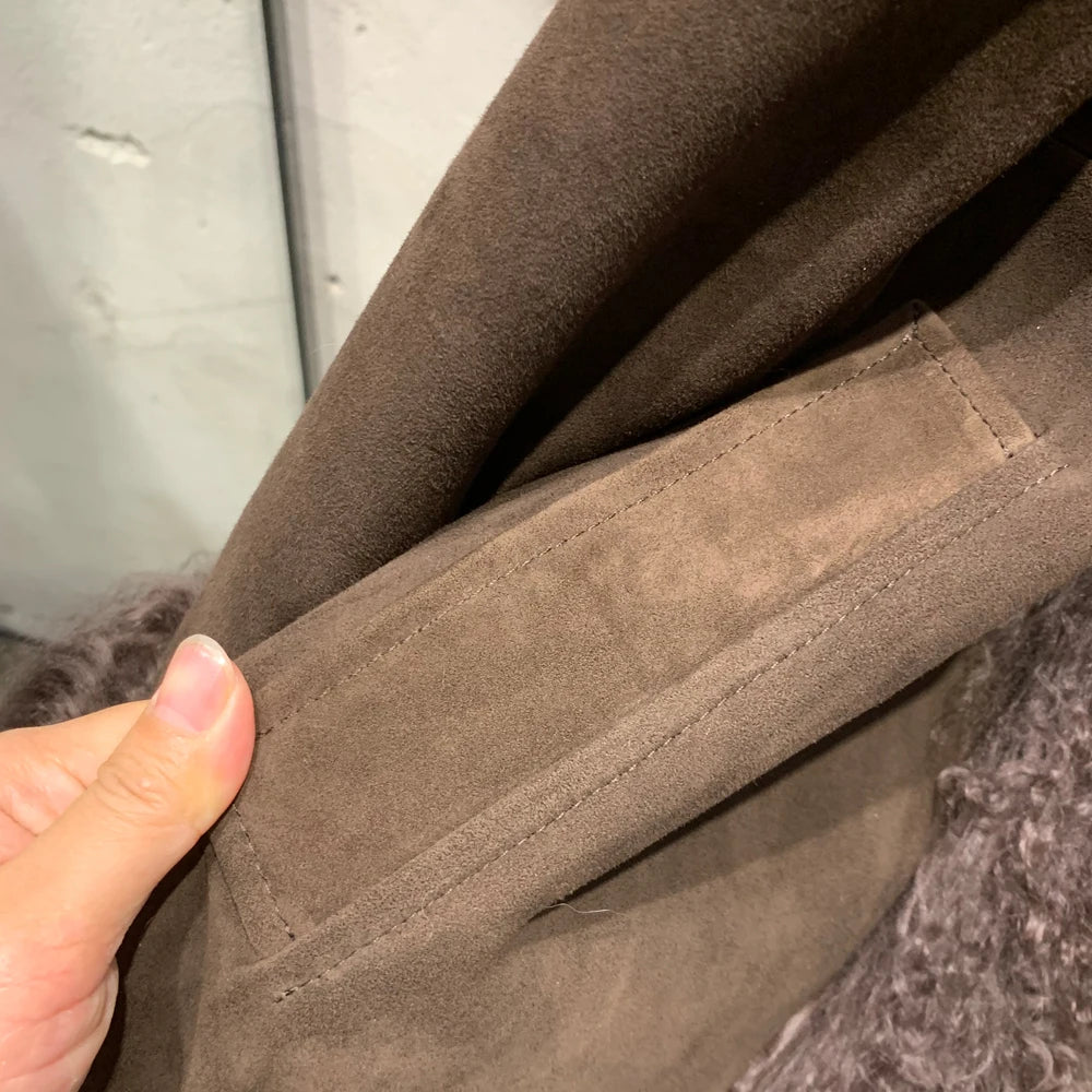 Suede Coat Fur Collar Women Autumn Genuine Sheepskin Coat Long with Mongfolian Fur Trim