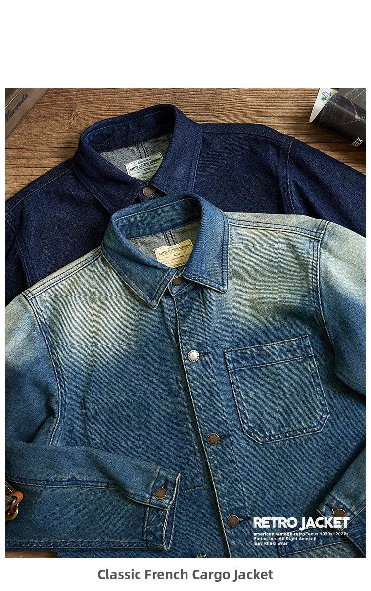 American Retro Thickened Heavyweight Men's Denim Jacket Casual Autumn Winter Workwear Outerwear Standard Fit Multi-Pocket Washed