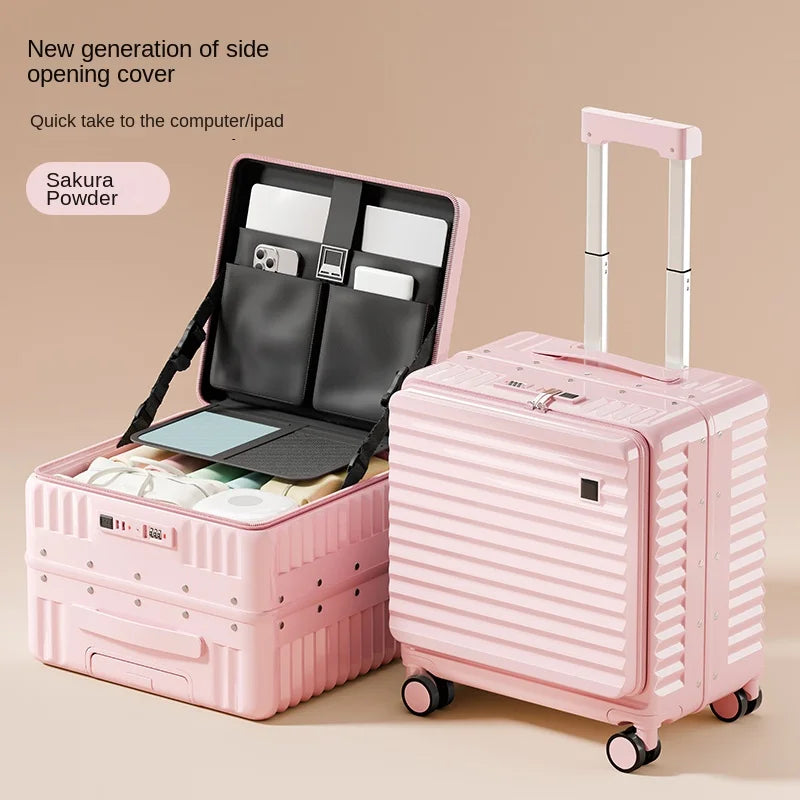 Front Opening 18/20 inch Suitcase Cabin Luggage Small 16 inch Short Trip Bag Ultra-light Aluminium Frame Luggage Large Capacity