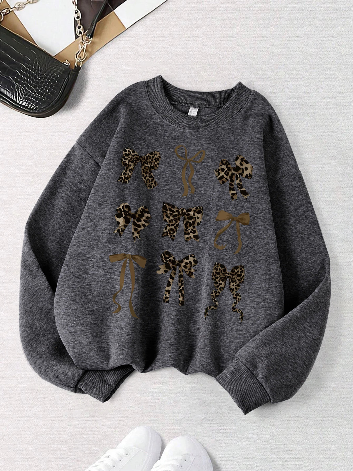 Retro Leopard Print Bow Printed Women Hoodies All-Match Comics Hoody Fleece Casual Clothes Street Hip Hop Pullover Woman