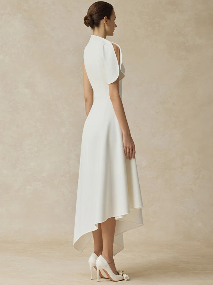 DEAT Elegant Dress Stand Collar Irregular High Waist Long Solid Color Women's Evening Party Dresses 2025 Winter New Tide 35Z3948