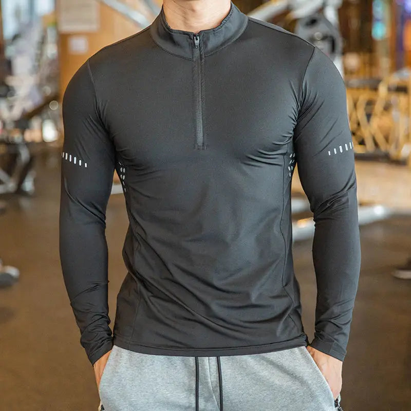 Quick Dry breathable Running Shirt Men Bodybuilding Sport T-shirt Long Sleeve zipper stand collar Gym Fitness T shirt