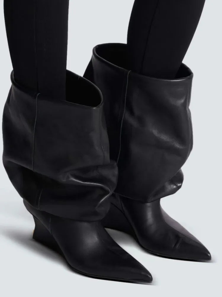 Women's Fashion Pointed Thick Soled Pleated Short Boots, Autumn and Winter Thick Heeled Long Boots, Sexy Runway Women's Boots