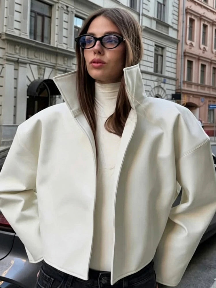 Street White Faux Leather Cropped Jacket Women Loose Stand Collar Wide Sleeve Coat 2026 Autumn Lady PU Motorcycle Daily Outwear