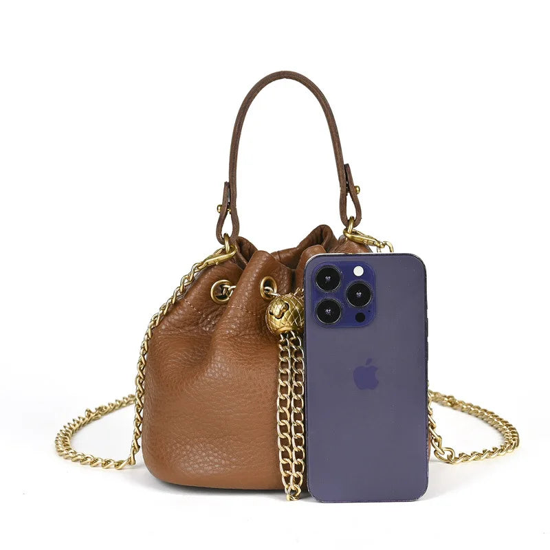 LD-Soft Leather Bag Versatile for All Seasons, Sweet and Ladylike. Top Layer Cowhide Handbag, Single Shoulder Bucket Bag