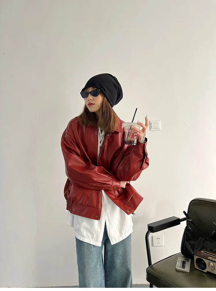 Punk Vintage Red Leather Jacket Women Streetwear Moto Biker Zipper Leather Jacket Female Winter High Street Chic Leather Coat