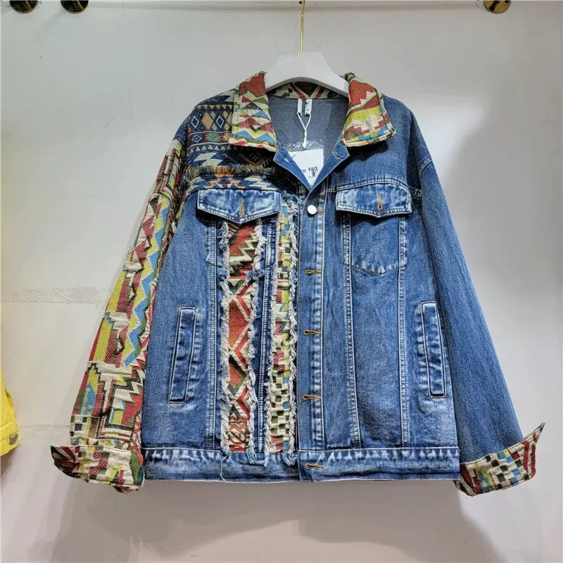 European and American style heavy industry embroidery splicing denim jacket 2025 new print loose casual denim women's jacket top