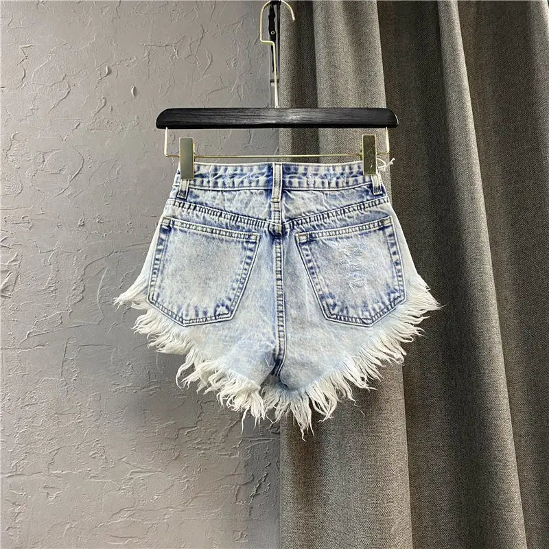 Fashion Denim Shorts Women's Streetwear Bar spicy girl A-line Wide leg Shorts Summer High waisted breasted Fringe Hot Pants