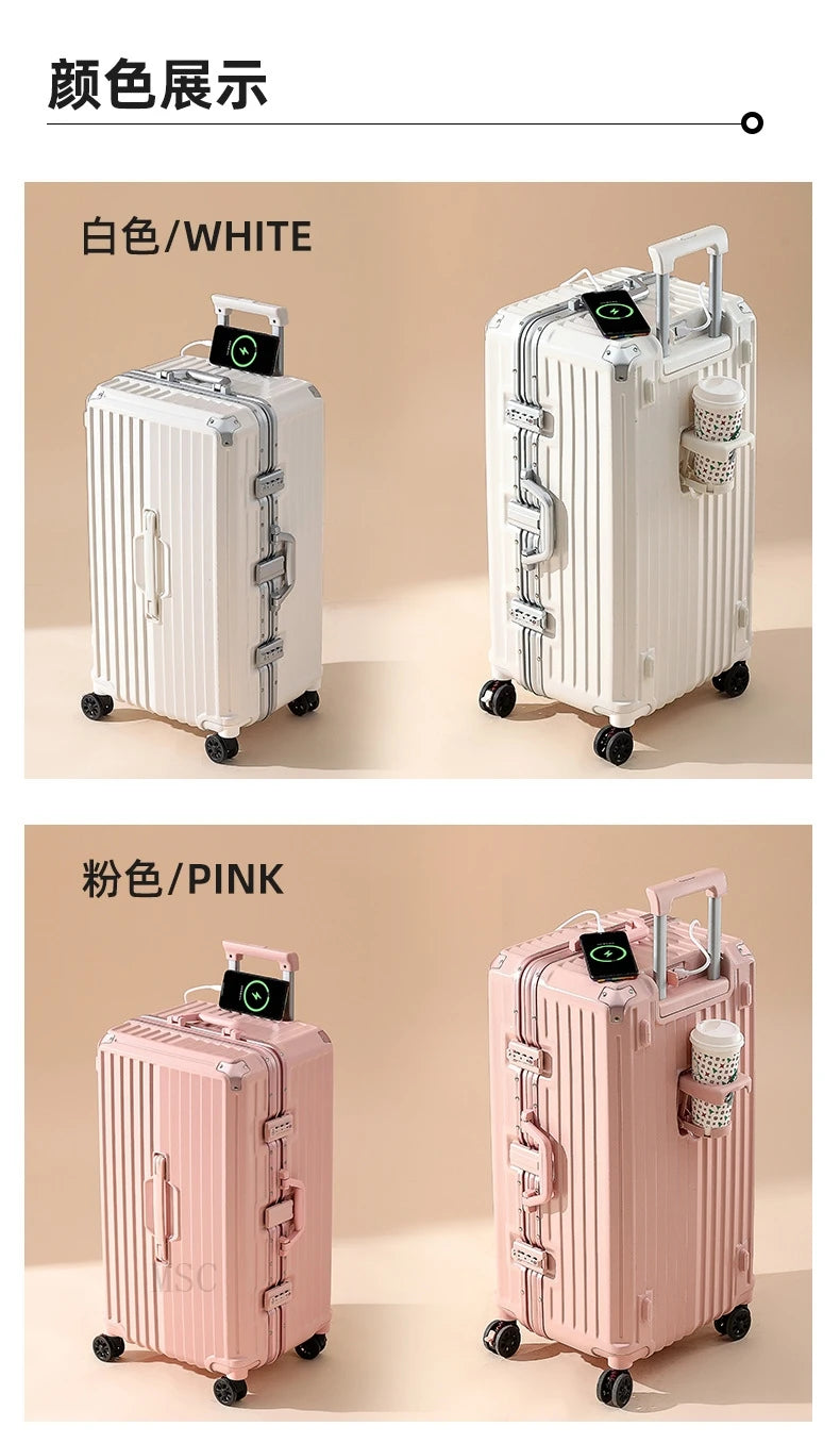 Five-wheeled Luggage 34 inch Thicken Aluminum Frame Suitcase USB Cup Holder Large Capacity TSA Lock Trolley Case Brake Wheel 24"