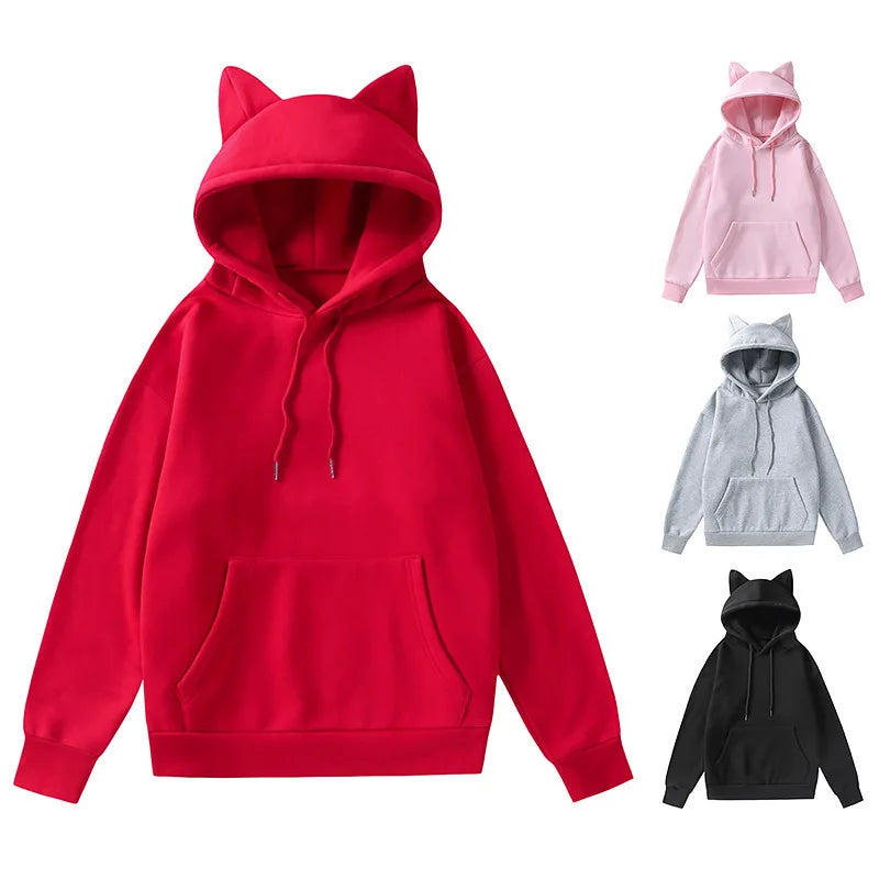 Women's Cat Ear Design Hooded Fleece Sweatshirt Casual Fashion Spring Autumn New Style V-neck Female Clothing  Hoodies Women