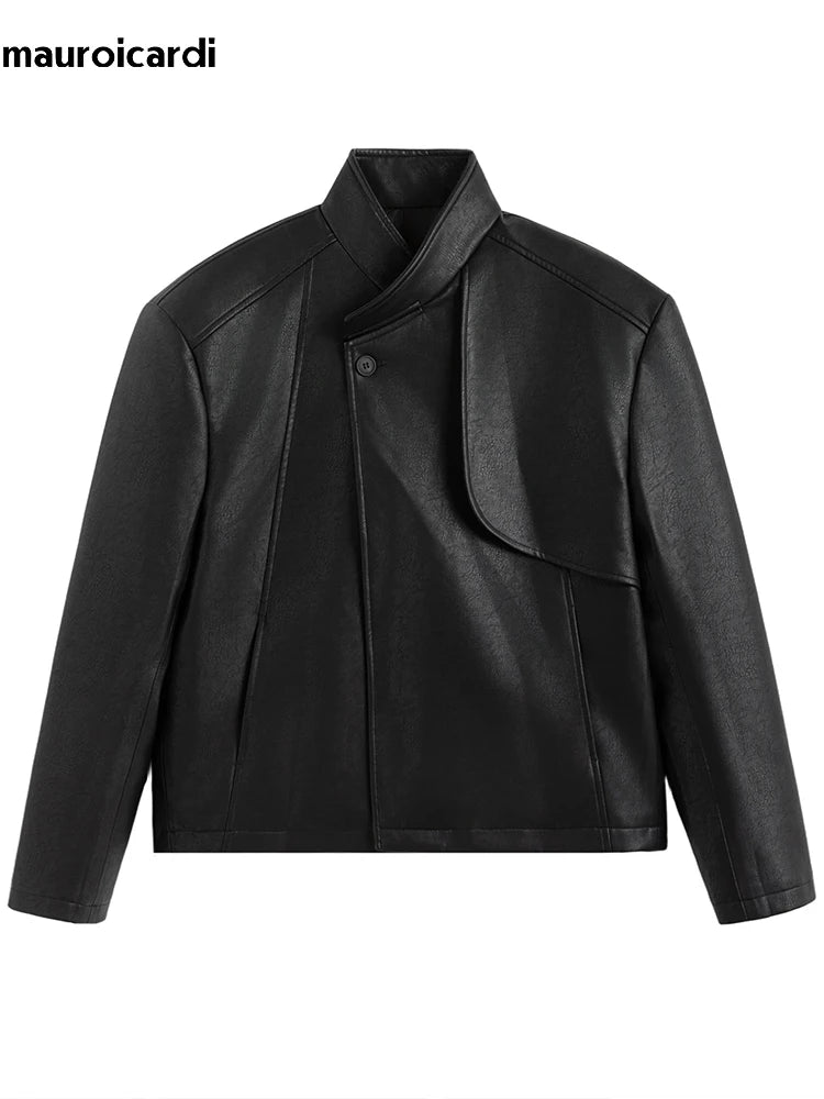 Mauroicardi Spring Autumn Cool Short Black Pu Leather Jacket Men Shoulder Pads Stand Collar Luxury Designer Fashion Clothes 2026