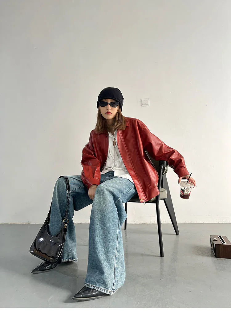 Punk Vintage Red Leather Jacket Women Streetwear Moto Biker Zipper Leather Jacket Female Winter High Street Chic Leather Coat