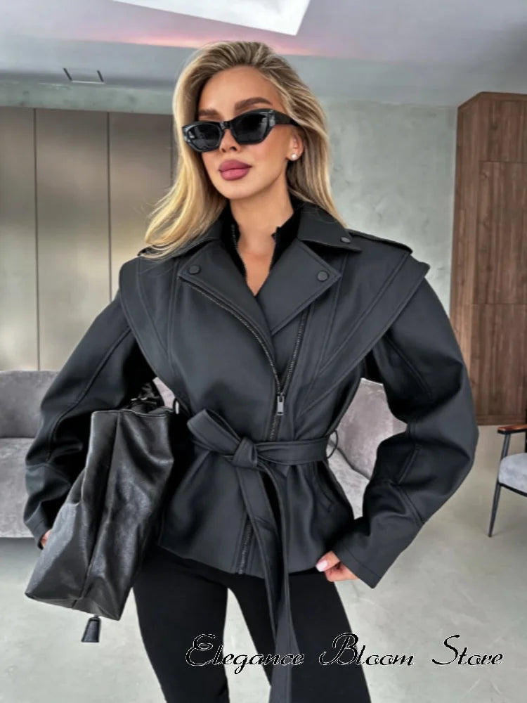 Women Black Lapel Collar Faux Pu Leather Jacket Fashion Full Zip Belted Waist-cinching Cropped Coat 2026 Autumn Daily Outerwear