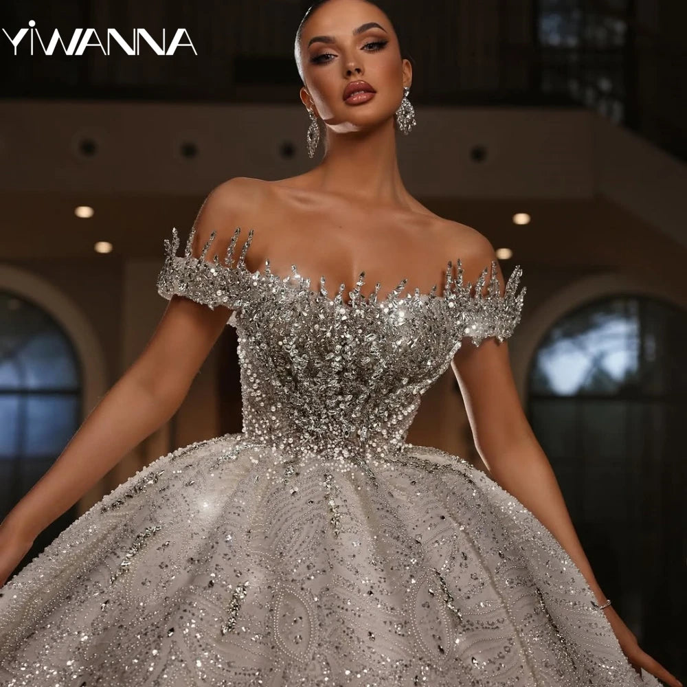 New Arrival Silver Beaded Wedding Dress Glamorous Off Shoulder Bridal Gown Customized Exquisite Ball Gowns Dresses For Bride