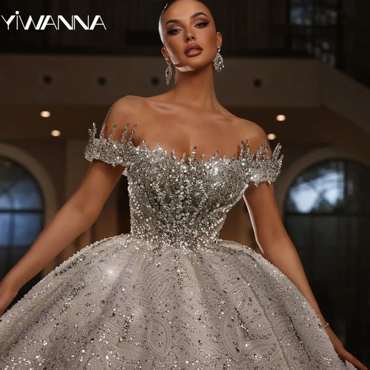 New Arrival Silver Beaded Wedding Dress Glamorous Off Shoulder Bridal Gown Customized Exquisite Ball Gowns Dresses For Bride