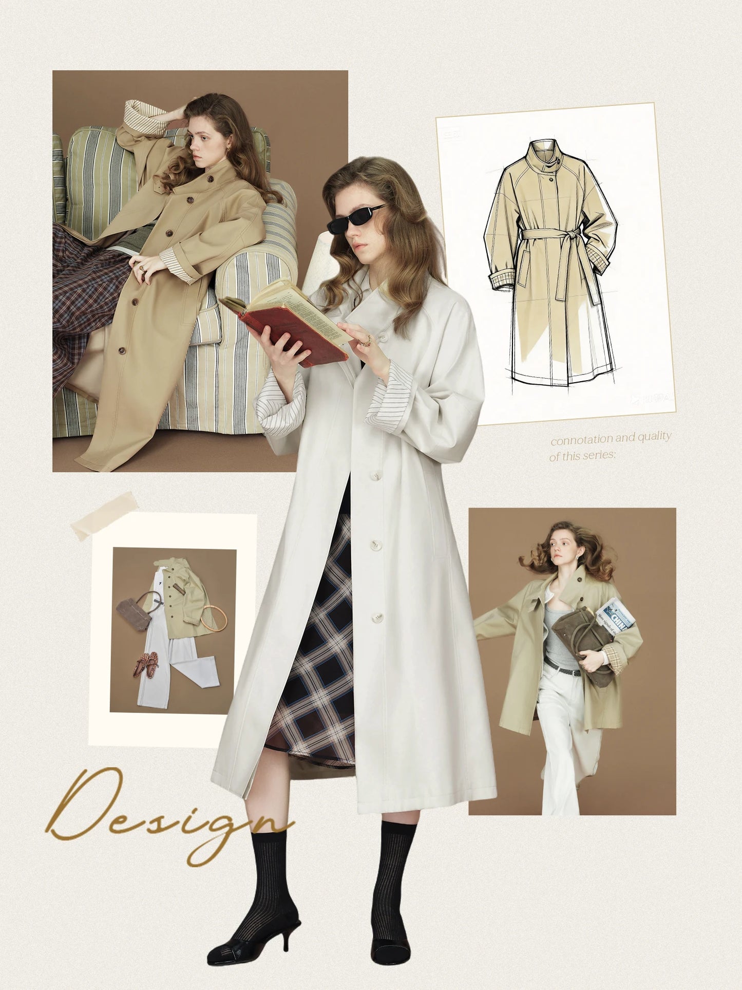 FSLE 2026 Womens British Trench Coat Contrast Cuff Stand Collar Heritage Workwear Style Pink Black Khaki Short Long Trench Coat