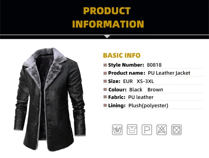 Men's Medium and Long PU Leather Jacket, Business Velvet Lapel Blazer, Single-Breasted Vintage Design Jacket