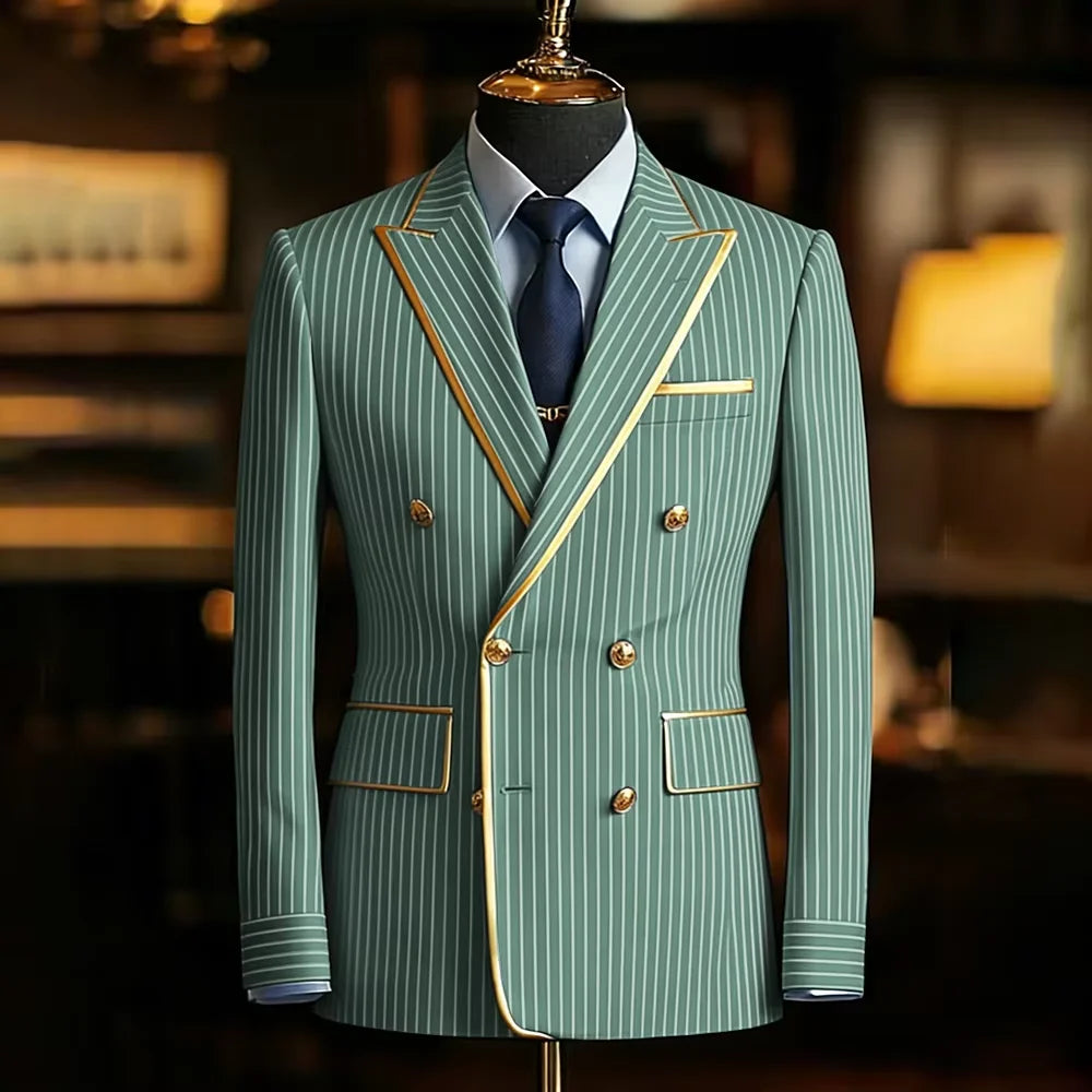 Men's Pinstripe Blazer Double Breasted Slim Fit Peaked Lapel With Gold Trim Formal Suit Jacket  For Groomsman Wedding Prom Hot