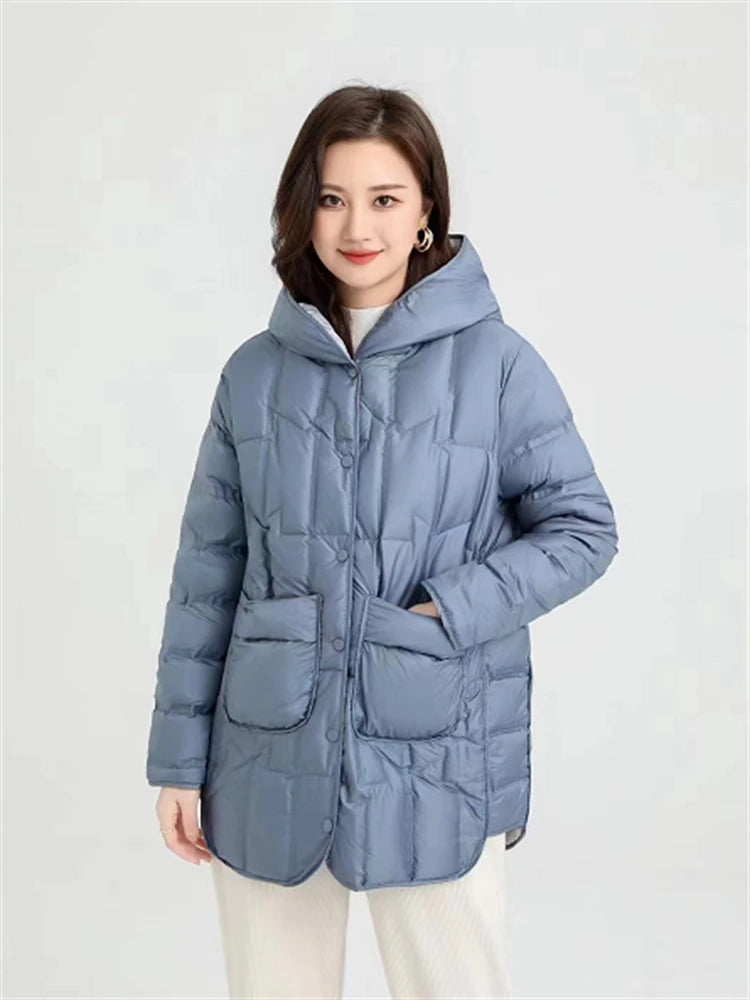 Autumn Winter Women Mid-Long Hooded Puffer Coat Ultra Light White Duck Down Jacket Female Single Breasted Parkas